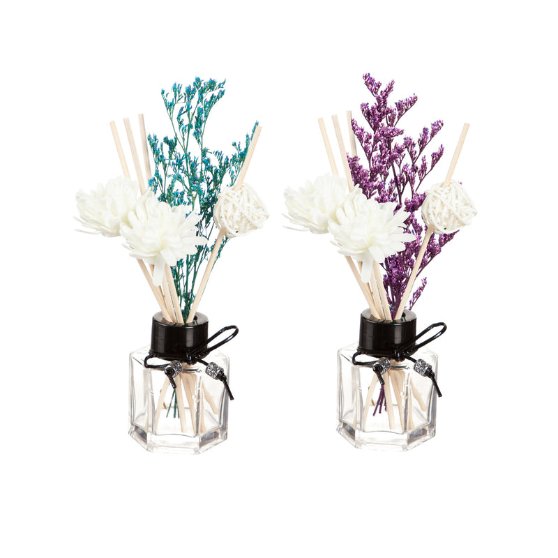 Glass Fragrance Diffuser with 6 Reeds and Dried Floral and 50ml Oil, 2 Asst, 2"x2"x7"inches