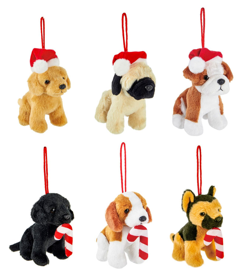 4" Plush Dog Ornaments on Chain Link Display, 6 Design, 4 of each, 24 Piece Total, 3"x4"x4.5"inches