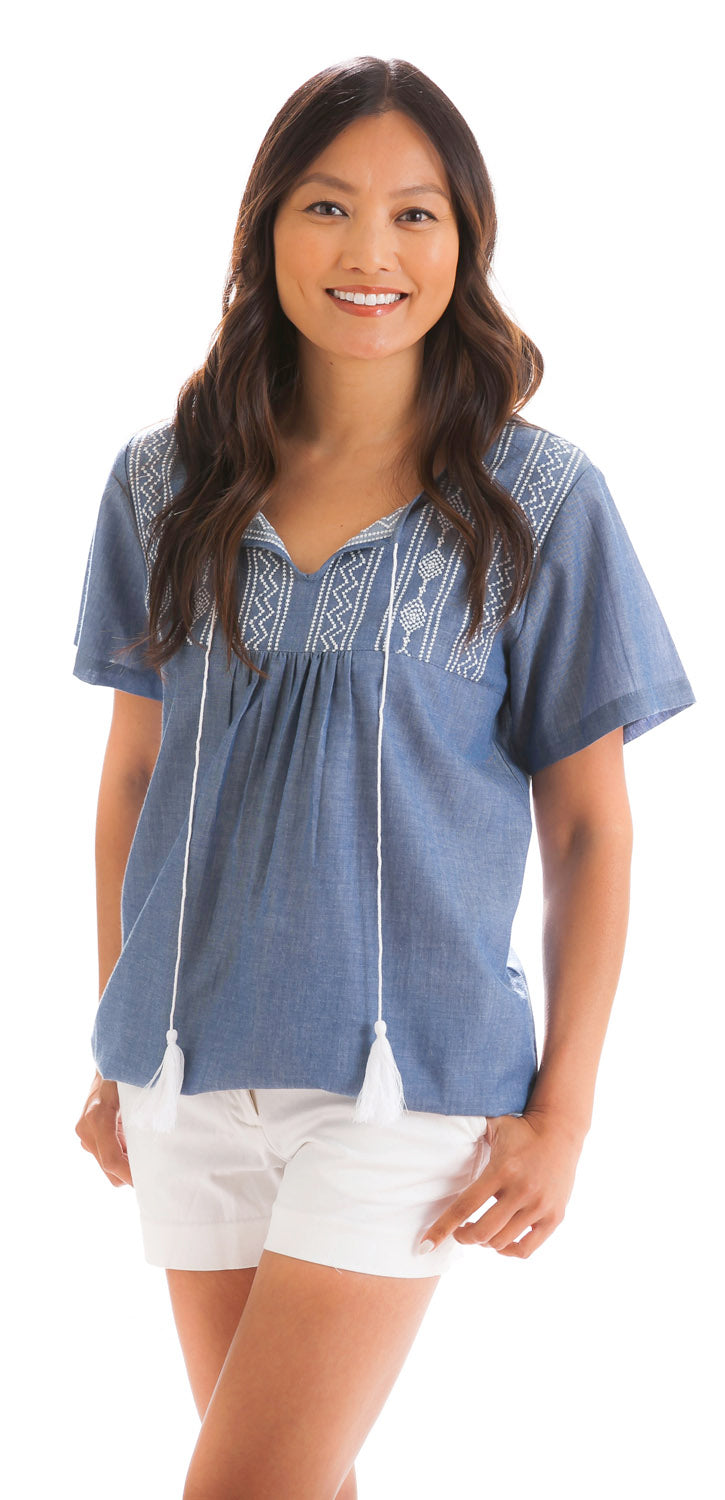 Chambray Sleeveless Top with Aztec Embroidery, 12"x13"x0.25"inches