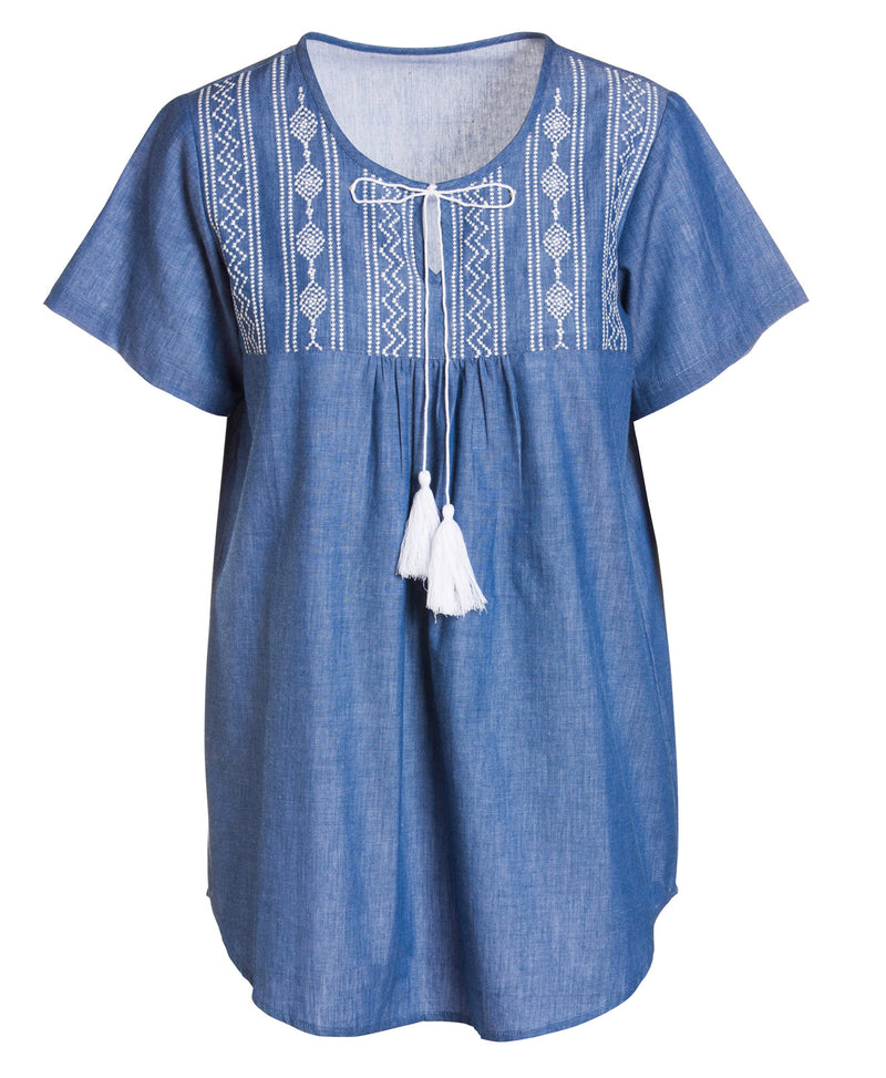 Chambray Sleeveless Top with Aztec Embroidery, 12"x13"x0.25"inches