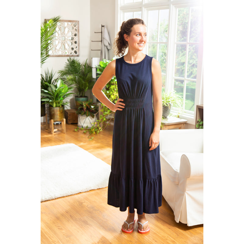 Sleeveless Dress, Navy, Sizes include 1S, 2M, 2L, 1 XL. Dress length is 40", 21"x48.5"x0.5"inches