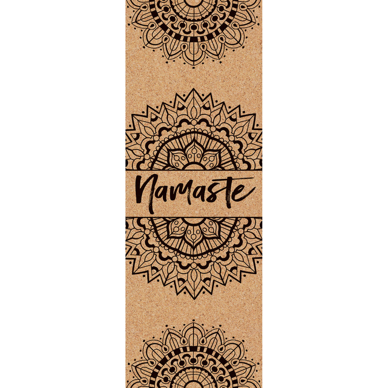 Evergreen Antimicrobial Cork Yoga Mat w/ PER backing, Namaste, Black, 4mm, 24" x 68", 24'' x 0.15'' x 68'' inches