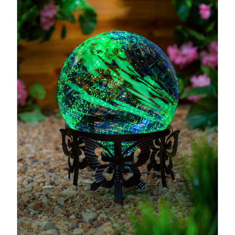 Evergreen 10" Glow in the Dark Glass Gazing Ball, Blue and Green, 9.8'' x 9.8'' x 11.8'' inches.