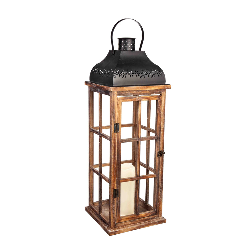 Evergreen Deck & Patio Decor,Set of 3 Nested Wood and Metal Lanterns w LED Candle,9.84x28.3x9.84 Inches