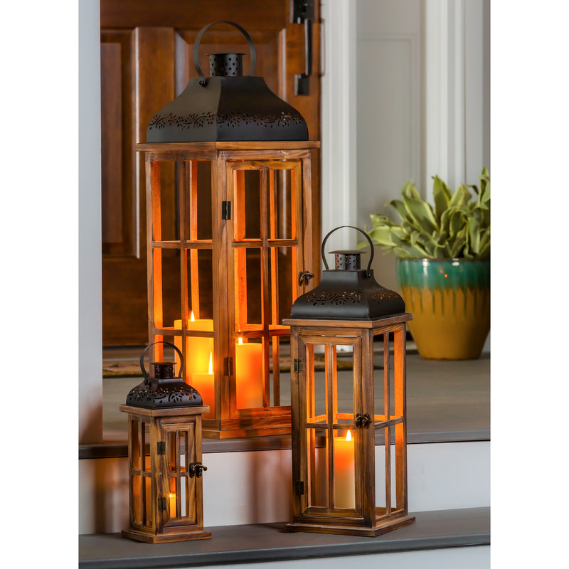 Set of 3 Nested Wood and Metal Lanterns, 9.84"x9.84"x28.3"inches