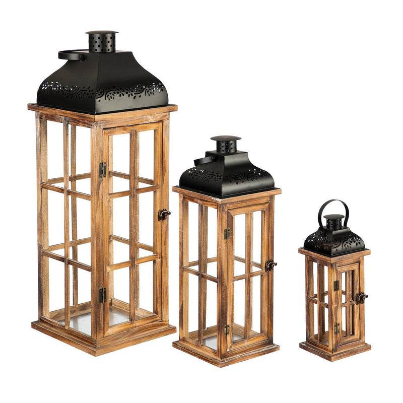 Set of 3 Nested Wood and Metal Lanterns, 9.84"x9.84"x28.3"inches