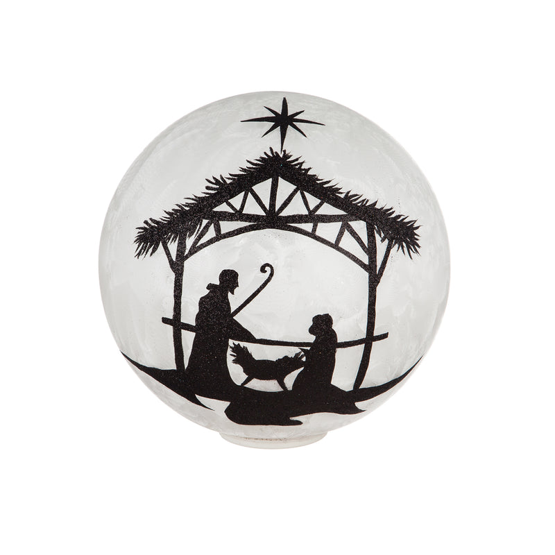 Hologram Star and Angel Battery Operated LED Glass Gazing Ball, Black Glitter Nativity,84g2980