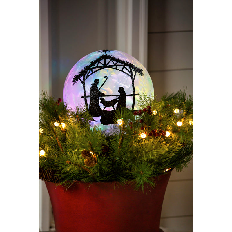 Hologram Star and Angel Battery Operated LED Glass Gazing Ball, Black Glitter Nativity,84g2980