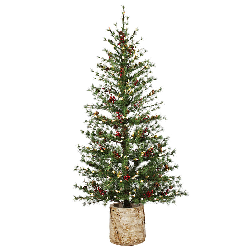 60"H Lit Artificial Christmas Pine Tree with Resin Birch Pot, 28"x28"x60"inches