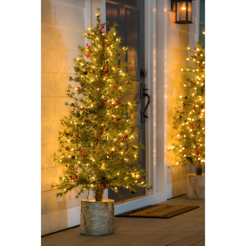 60"H Lit Artificial Christmas Pine Tree with Resin Birch Pot, 28"x28"x60"inches