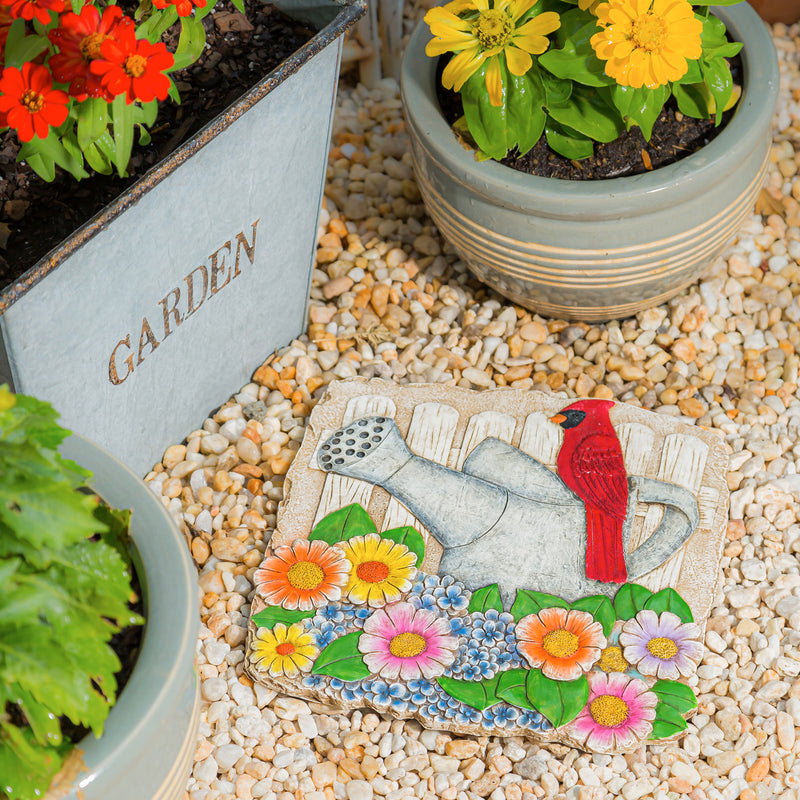 Evergreen 11" Garden Stone, Cardinal and Watering Can in Florals, 0.6'' x 1.8'' x 1.8'' inches