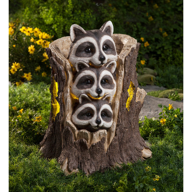 Solar Three Raccoons in a Stump Sculpture, 14.5"x14.5"x17.5"inches