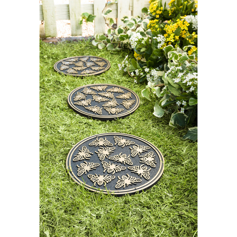 Recycled Rubber Stepping Stones, Set of 3 - Golden Bees, 11.75"x11.75"x0.5"inches