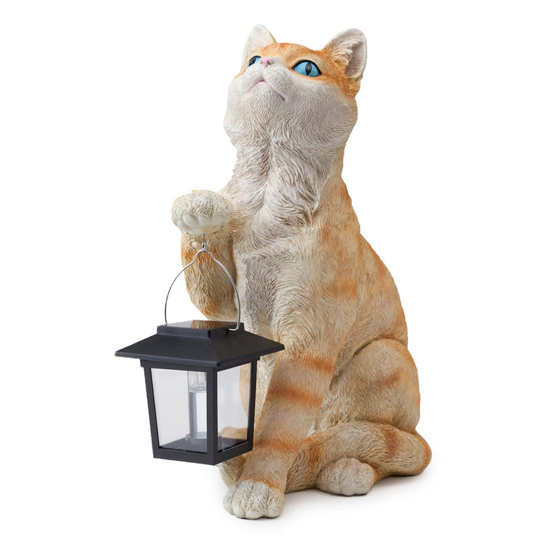 Realistic Resin Cat Sculpture with Solar-Powered Lantern, 11.25"x7"x13.5"inches
