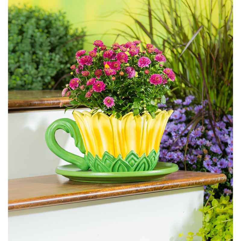 Oversized Fall Teacup Planter with Saucer - Sunflower, 10.25"x8.12"x5.12"inches
