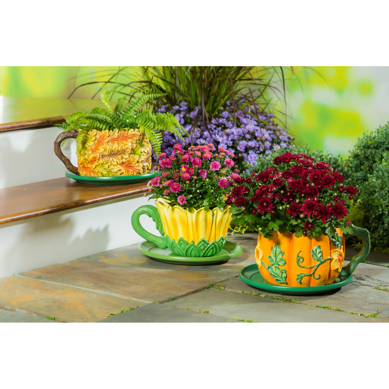 Oversized Fall Teacup Planter with Saucer - Sunflower, 10.25"x8.12"x5.12"inches