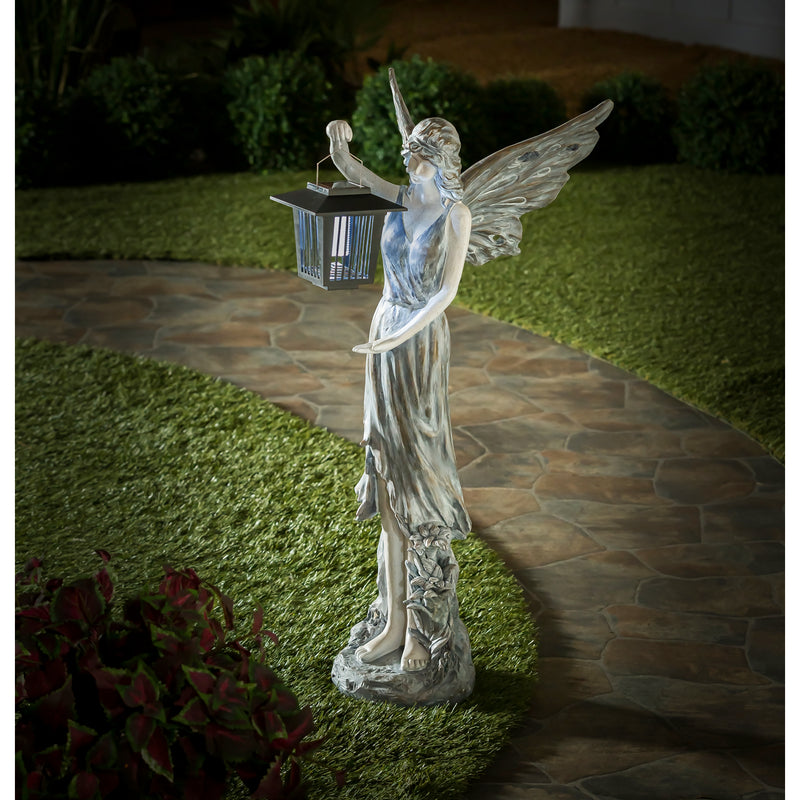 Angel Garden Statue w/Blue Light Lantern, 13"x10"x42"inches