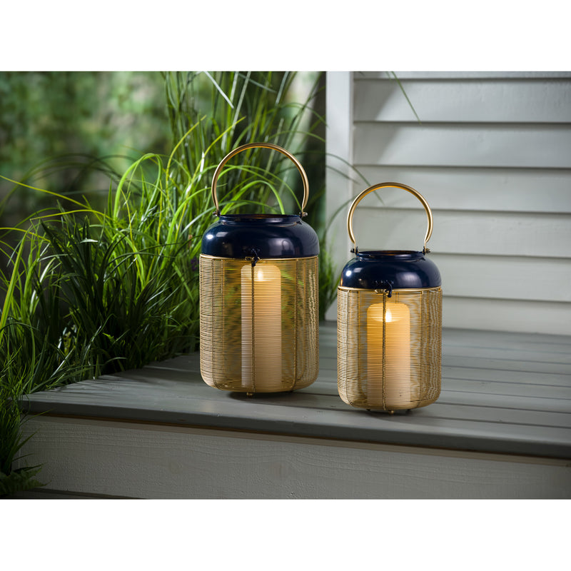 Evergreen Deck & Patio Decor,Metal Blue and Gold Lantern with Handle Set of 2,10.62x9.25x13.77 Inches