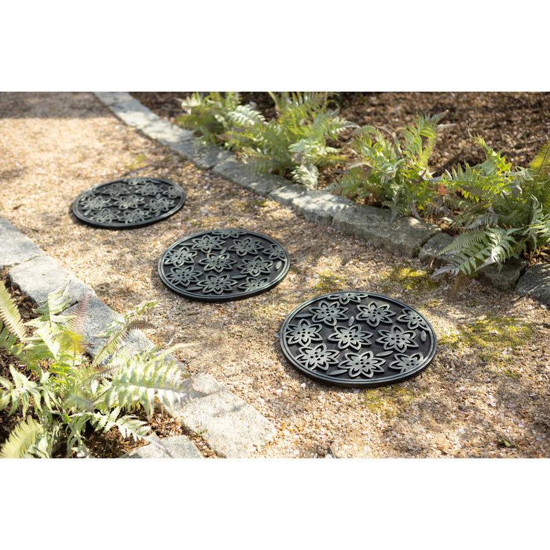 Pewter Flower Power recycle rubber stepping stone Set of 3, 11.75"x11.75"x0.5"inches