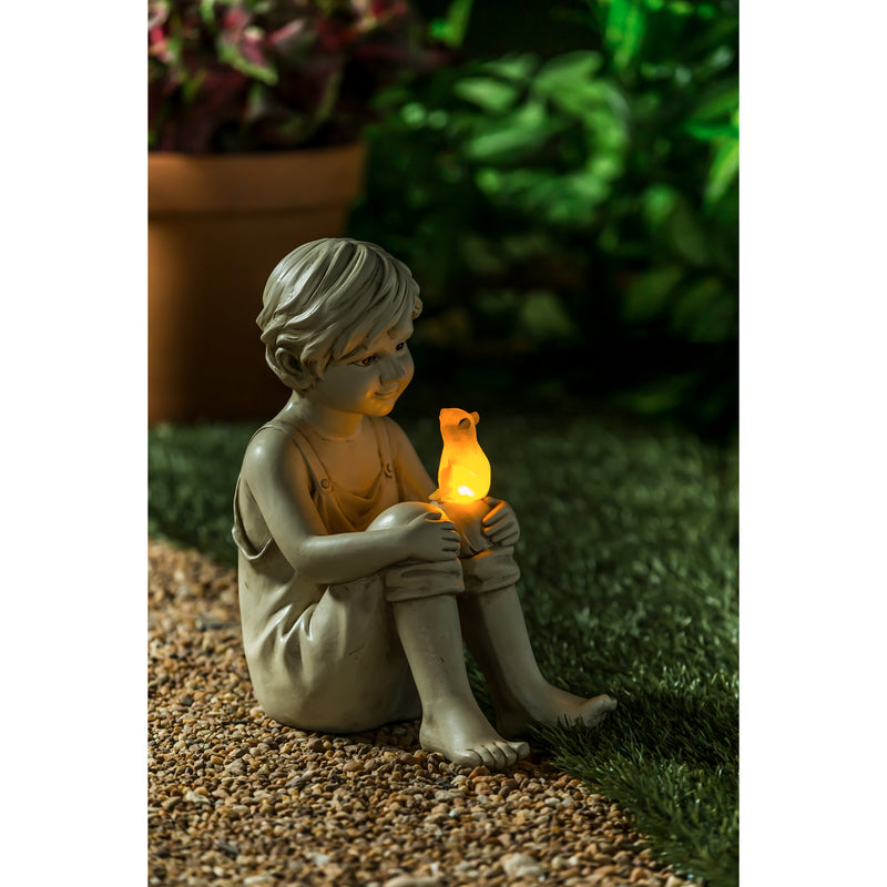 13"H Boy with Frog Garden Statuary, 6.5"x11.22"x13.19"inches