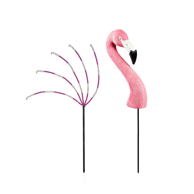 Flamingo Animal Head Garden Stake with Beaded Tail, Set of 2, 7.09"x2.56"x22.44"inches