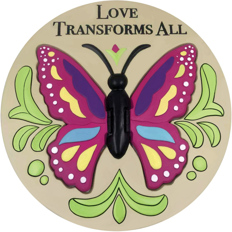 Love Transforms Us, Butterfly with 3D Wings, Round Garden Stone, 11"x11"x0.5"inches