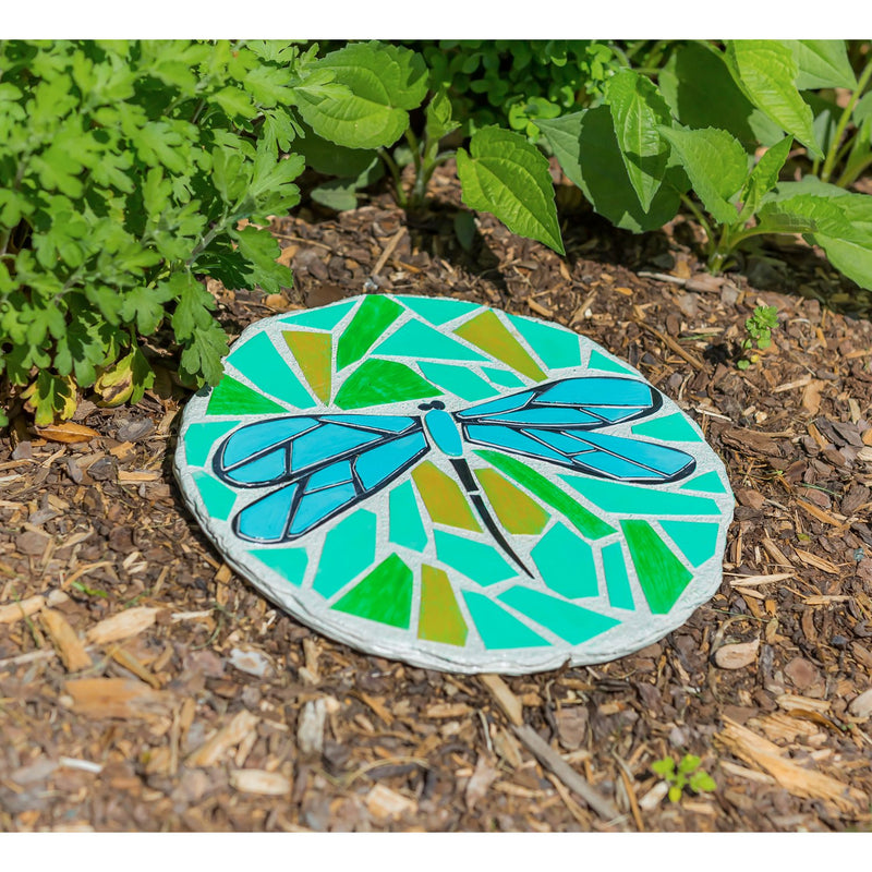 11" Round Garden Stone, Mosaic Dragonfly, 11.02"x11.02"x0.59"inches