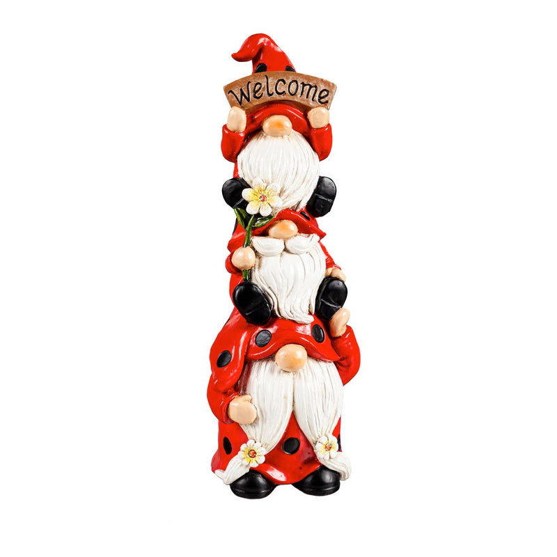 9"H Stacked Ladybug Gnome Trio Garden Statuary, 3.27"x3.15"x9.13"inches