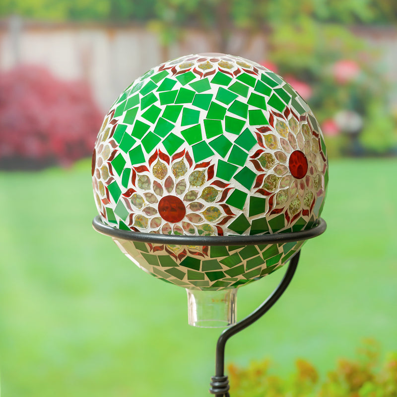10" Mosaic Glass Gazing Ball, Green with Golden Blooms, 9.84"x9.84"x11.81"inches