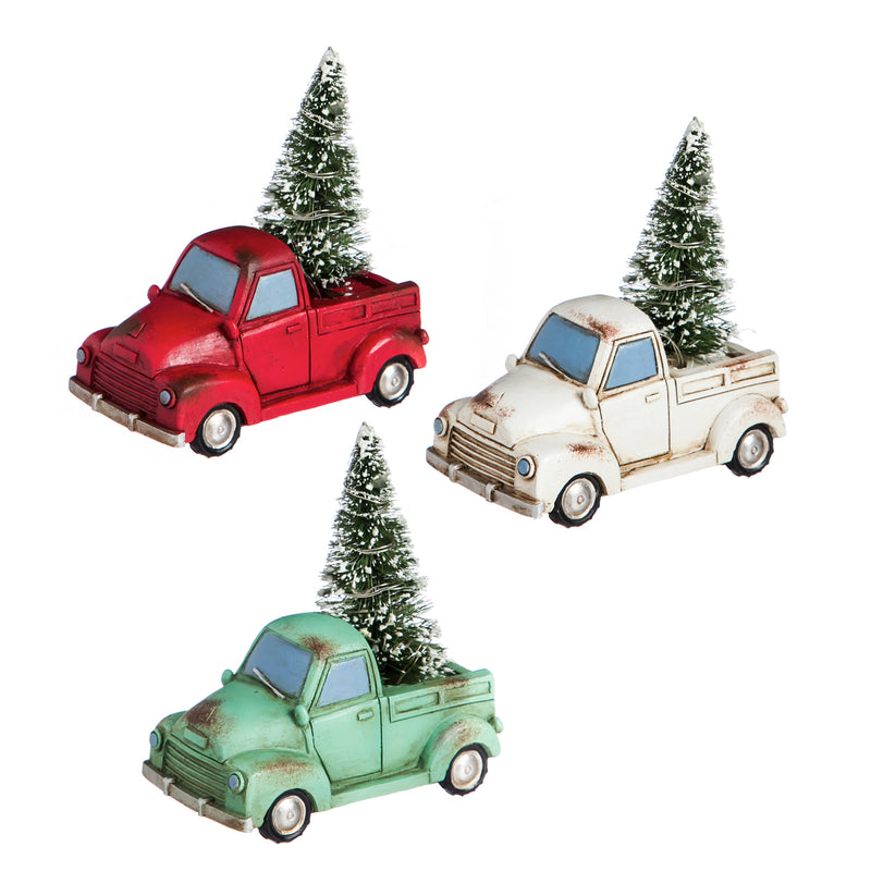 5"H Holiday Truck with Tree Light Up Ceramic Statuary, 3 asst, 5.31"x4.53"x2.91"inches