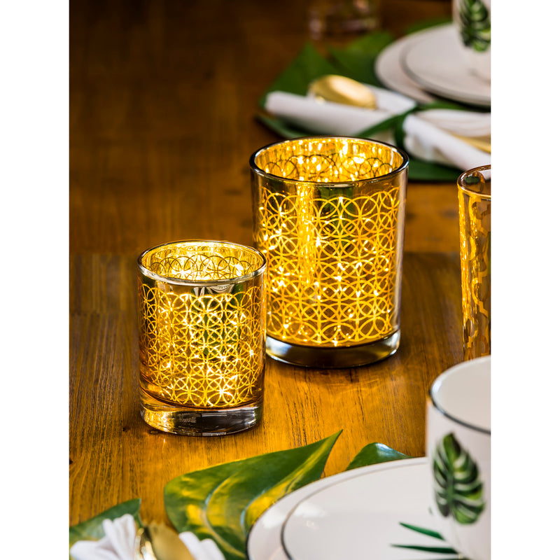 Glass Candle Holder, Nested Set of 2, Dimensional Gold Pattern