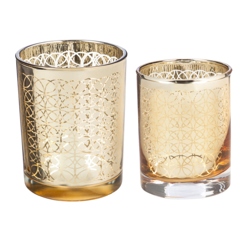 Glass Candle Holder, Nested Set of 2, Dimensional Gold Pattern