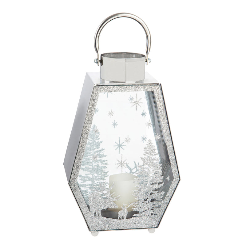 Metal Lantern with Silver Glitter Holiday Motif Candle Holder,8chm246