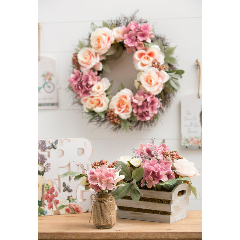 Roses, Hydrangeas, Pink Flowers, and Berries in Glass Jar,8flp152