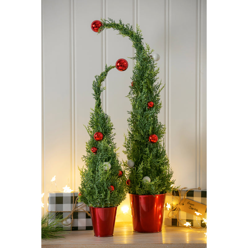 Cypress Home Beautiful Christmas Holiday Tree with Ornaments in Red Metal Pot Table Top Décor, Set of 2-9 x 15 x 24 Inches Indoor/Outdoor Decoration for Homes, Yards and Gardens