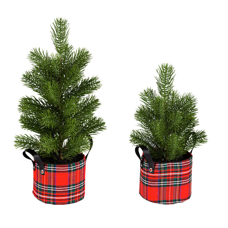 16" and 12" Pine Tree with Plaid Pot Table Decor, Set of 2