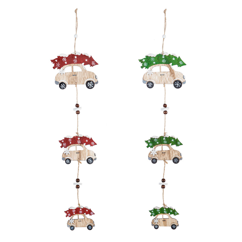 Wooden Car with Tree Garland, Red/Green, 2 Assorted, 3'' x 0.2'' x 23.6'' inches