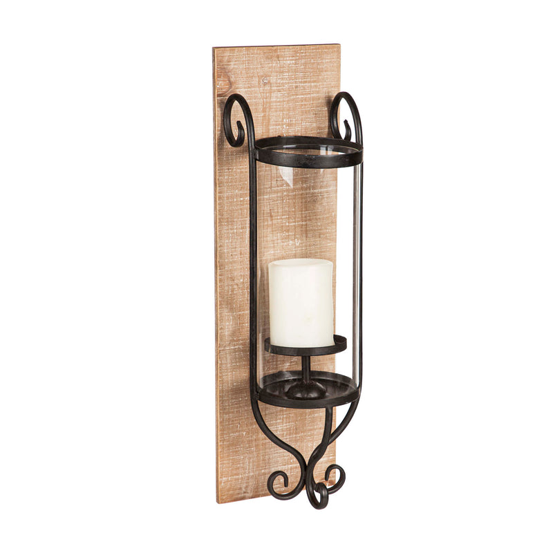 Wall Hanging Wood and Metal Lanterns with Glass, Set of 2, 6.25"x6.25"x21.25"inches
