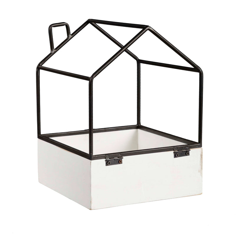 House Shaped Metal and Wood Terrarium, Set of 2, 8"x8"x11"inches