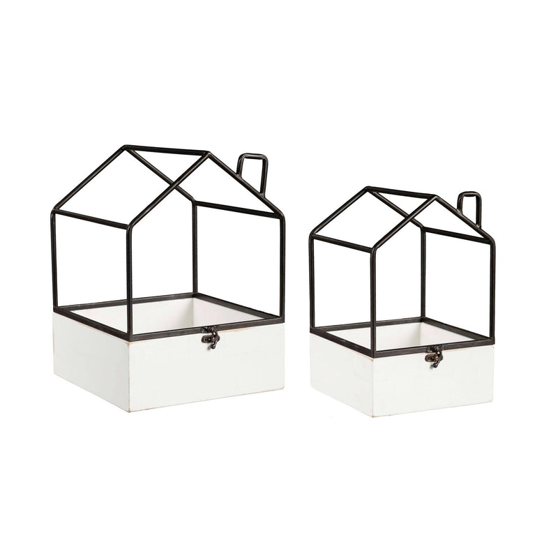 House Shaped Metal and Wood Terrarium, Set of 2, 8"x8"x11"inches