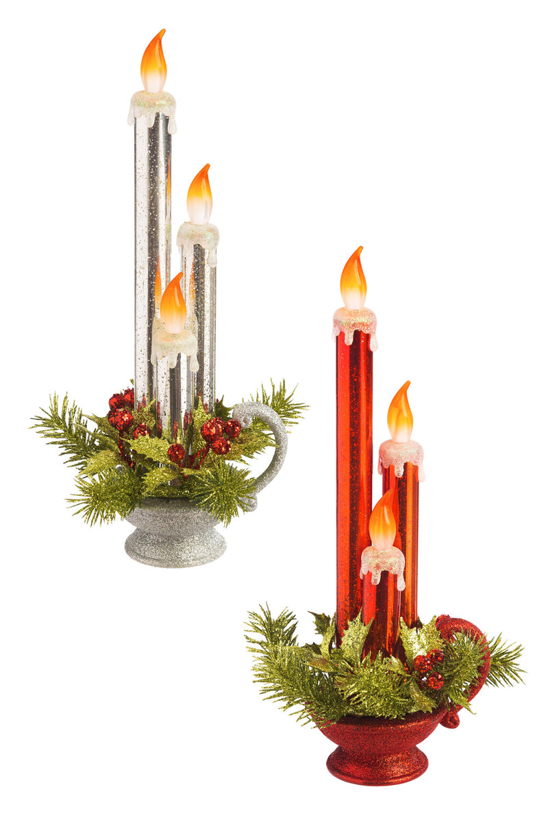 Red and Silver Glass LED Taper Candle, 2 ASST,8led041