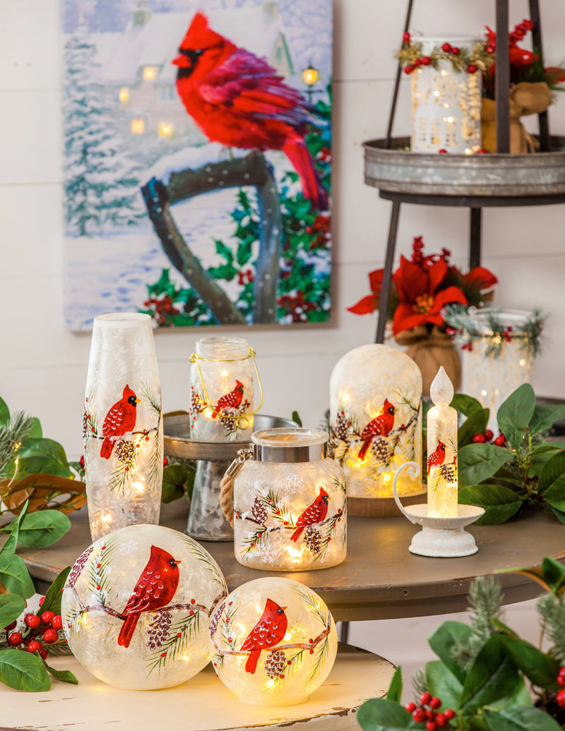 Glass Handpainted Cardinal and Pinecones LED Globe, Set of 2