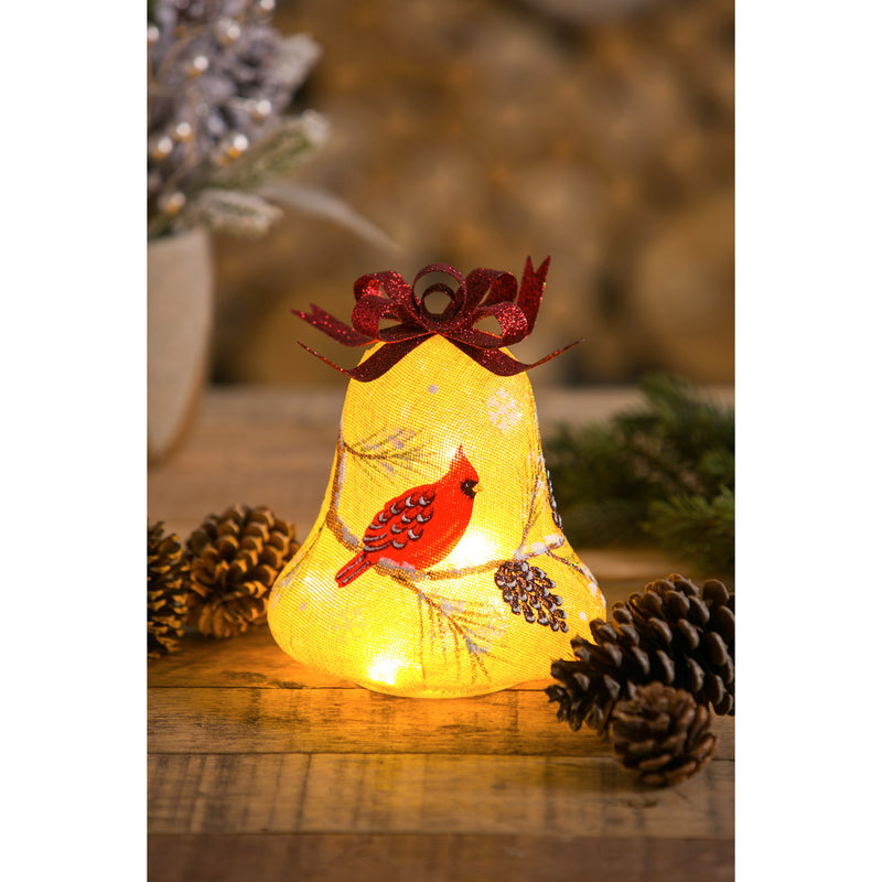 Glass Handpainted Cardinal and Branch and Pinecone LED Bell w/Burlap,8led404