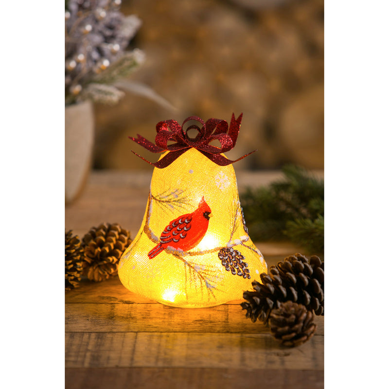 Glass Handpainted Cardinal and Branch and Pinecone LED Bell w/Burlap