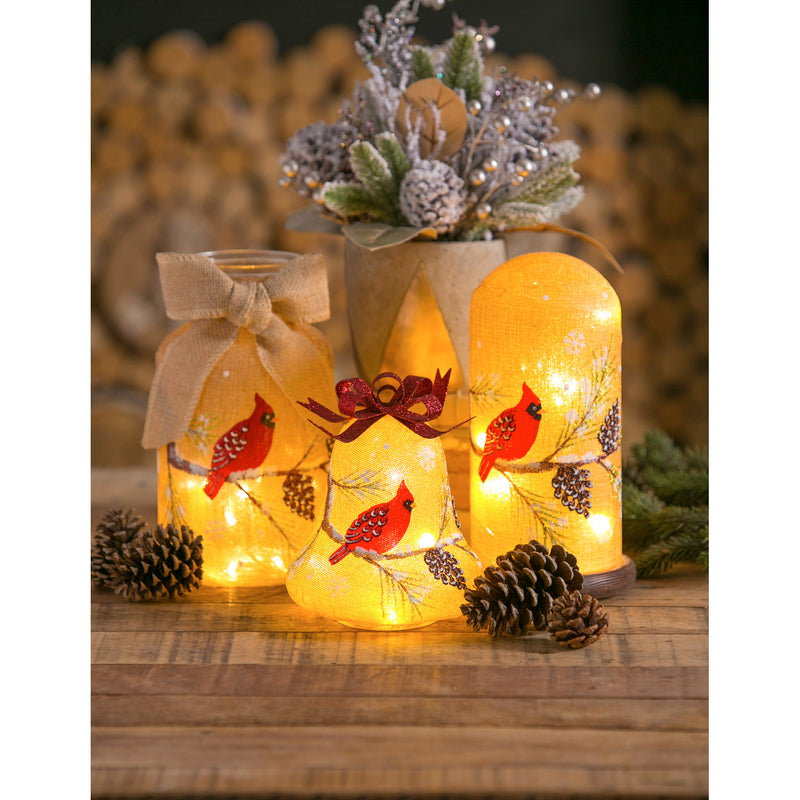 Glass Handpainted Cardinal and Branch and Pinecone LED Bell w/Burlap,8led404