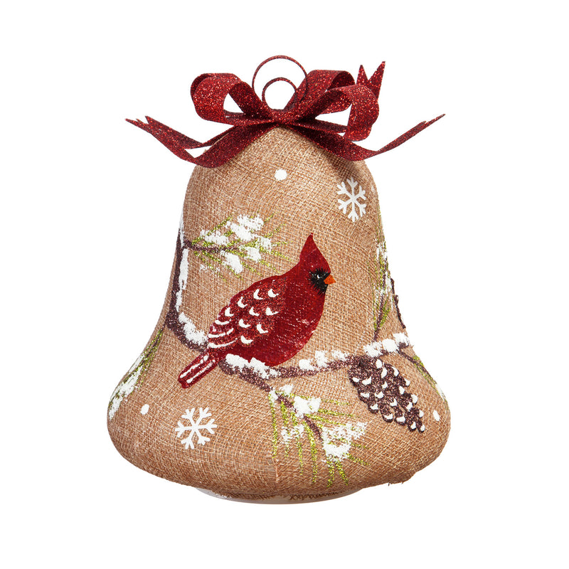 Glass Handpainted Cardinal and Branch and Pinecone LED Bell w/Burlap,8led404