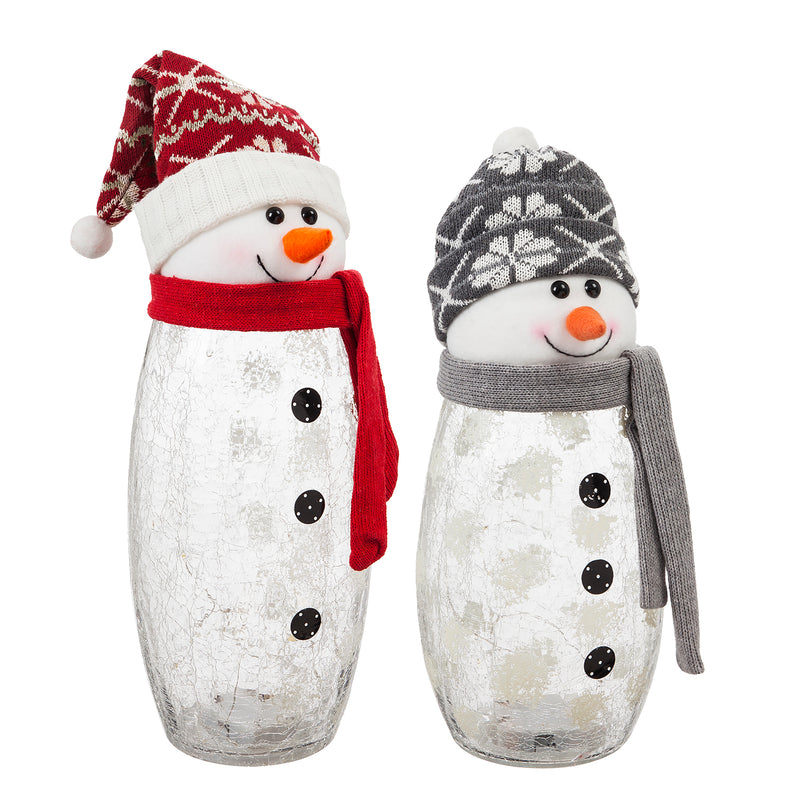 LED Snowman with Knit Hat, Red/Grey, Set of 2
