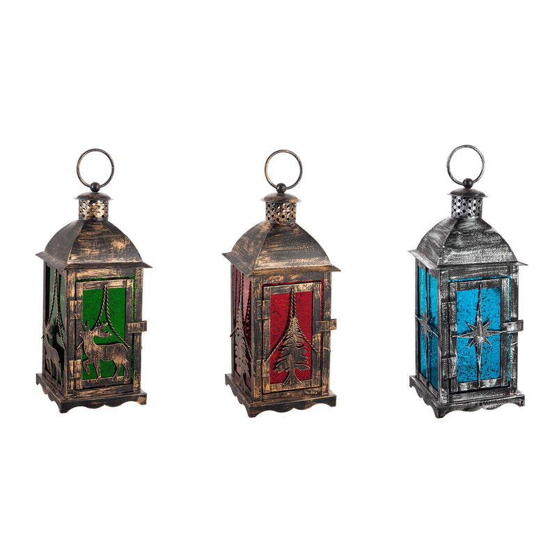 Glass Lantern, Green/Blue/Red, 3 Assorted, 4.8'' x 4.8'' x 11'' inches
