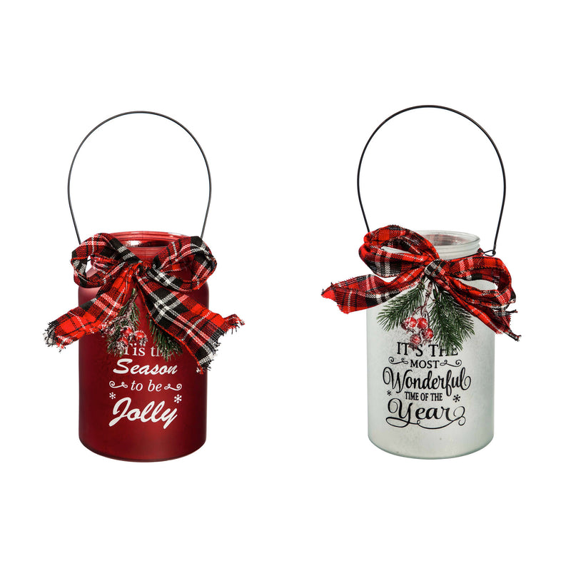 LED Jar with Plaid Ribbon, Pine, and Berries, 2 Assorted: Red/White