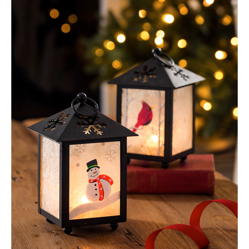 Led Lantern with Snowflake Cutout, 2 Assorted, Cardinal/Snowman